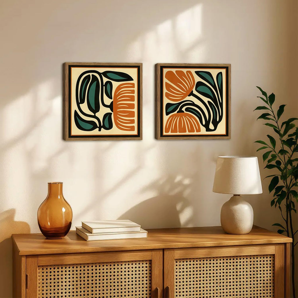 Mid Century Floral Wall Art Set of 2, Modern Square Abstract Botanical Wall Decor Picture, Vintage Boho Eclectic