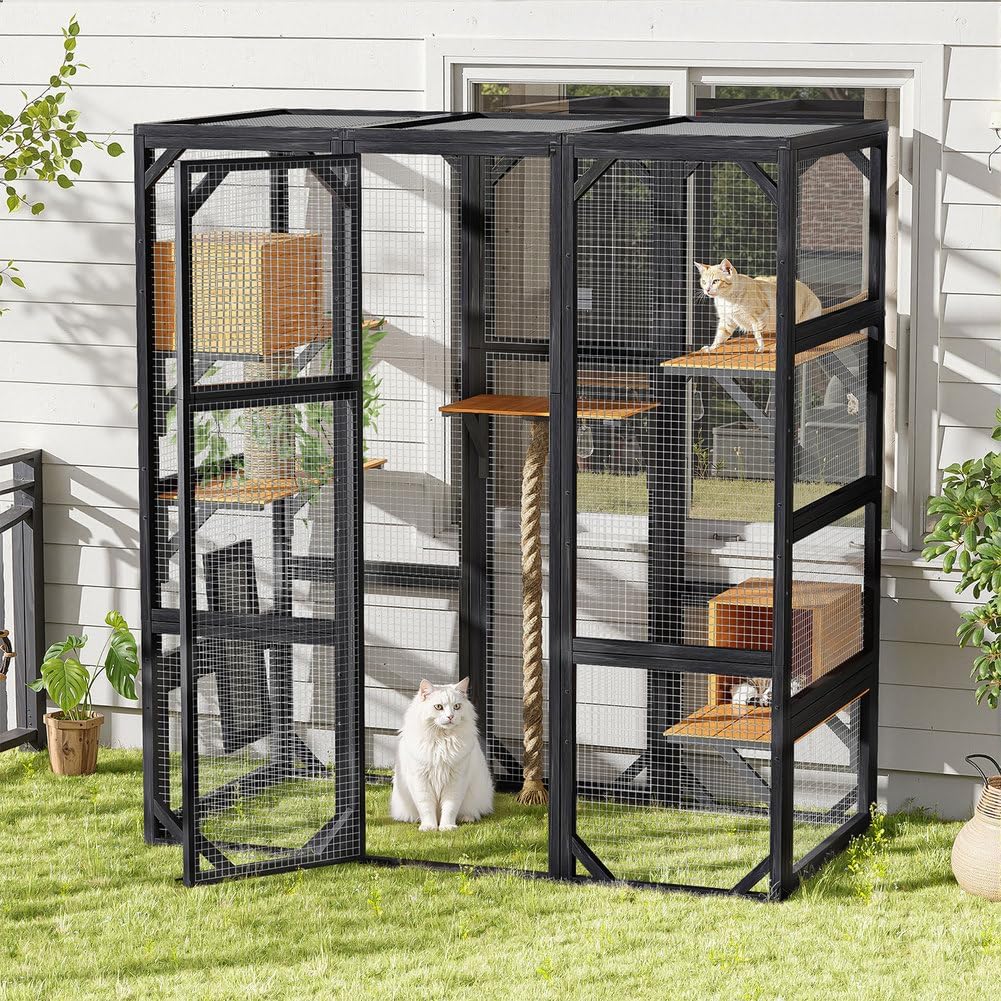 Outdoor Catio Enclosure, Large Walk-In Cat Cage with Platforms, Condos, Climbing & Scratching Posts, Pine Wood Cat