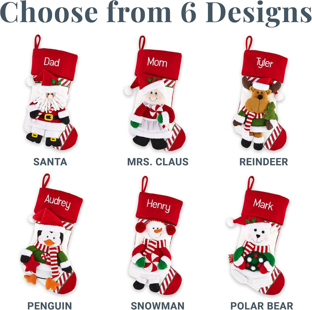 Personalized - Stockings for Family - Embroided - 3-D Plush - Christmas Decor - 8"x18" - Candy Cane Family - Snowman