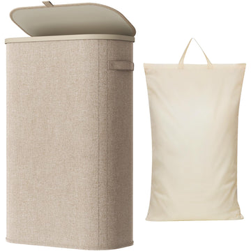 Slim Laundry Basket with Lid and Removable Bag, 65L, Beige