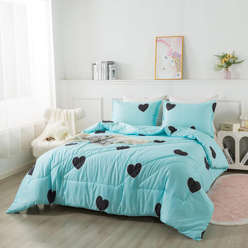 Love Pattern Girls Comforter Set Full, Sky Blue Cute Love Heart Print Comforter Bedding Set for All Seasons