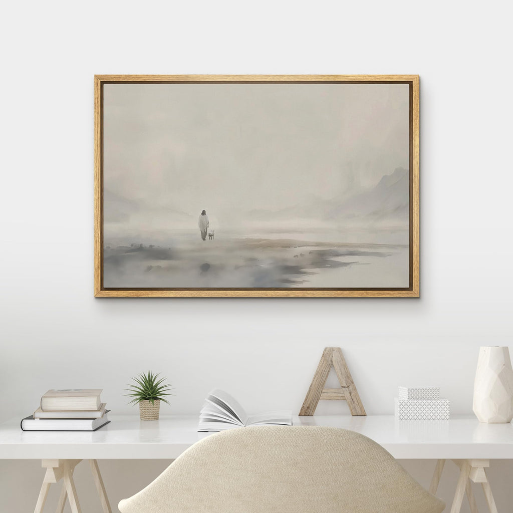 Framed Canvas Print Wall Art Solitary Figure in Mist Ethereal Monochrome Landscape Illustrations Fine Art Decorative