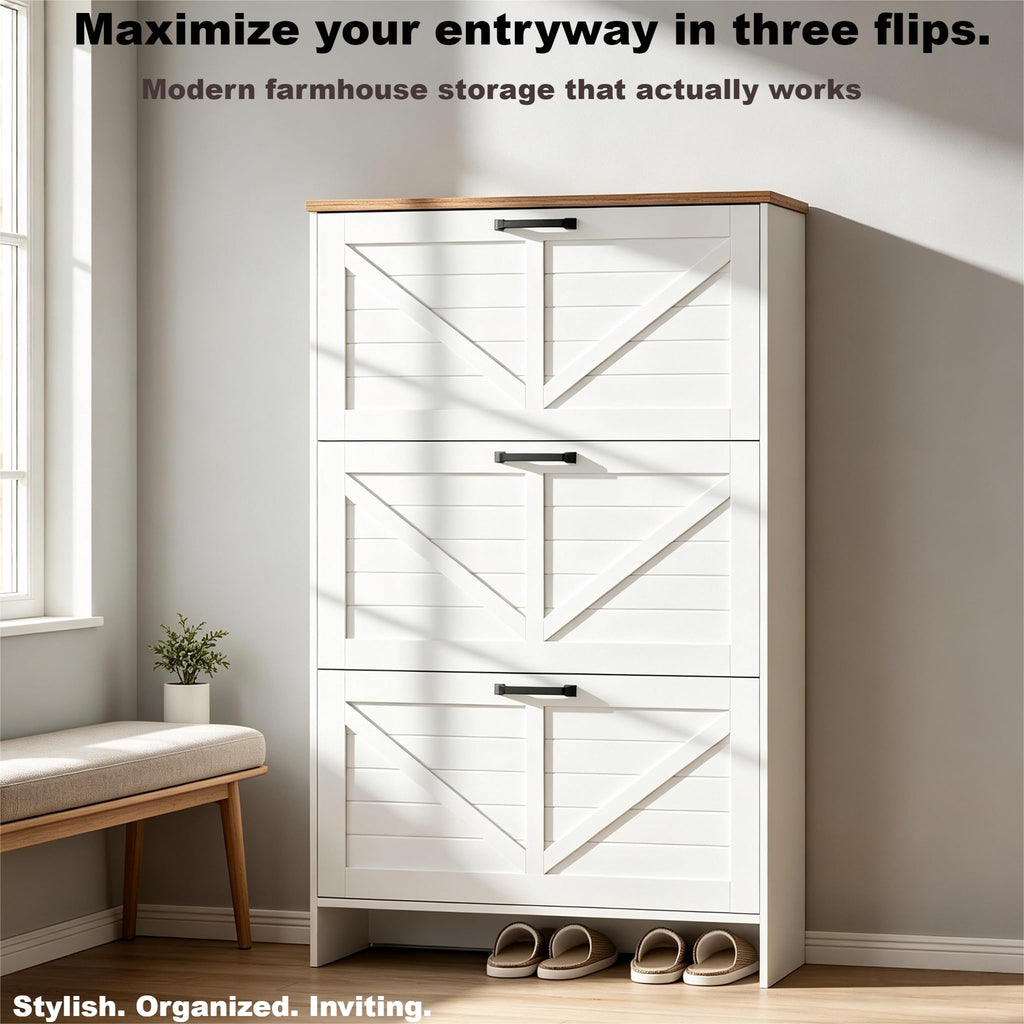 Shoe Storage Cabinet, Freestanding Fluted Accent Ultra Slim Shoe Cabinet with 3 Flip Drawers, Farmhouse Shoe Rack