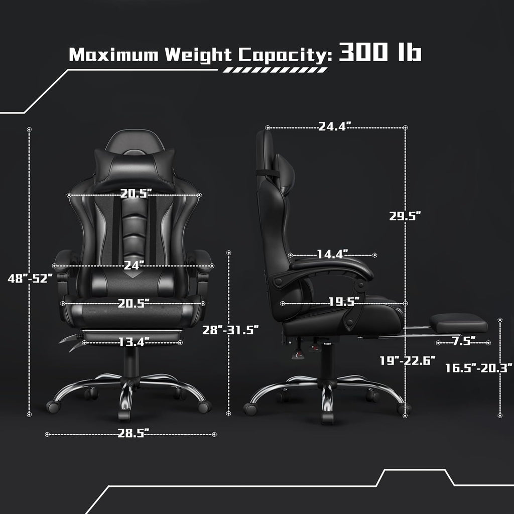 Gaming Chair with Footrest Massage Lumbar Pillow Reclining Black | Foam-padded PU leather racing seat and plush
