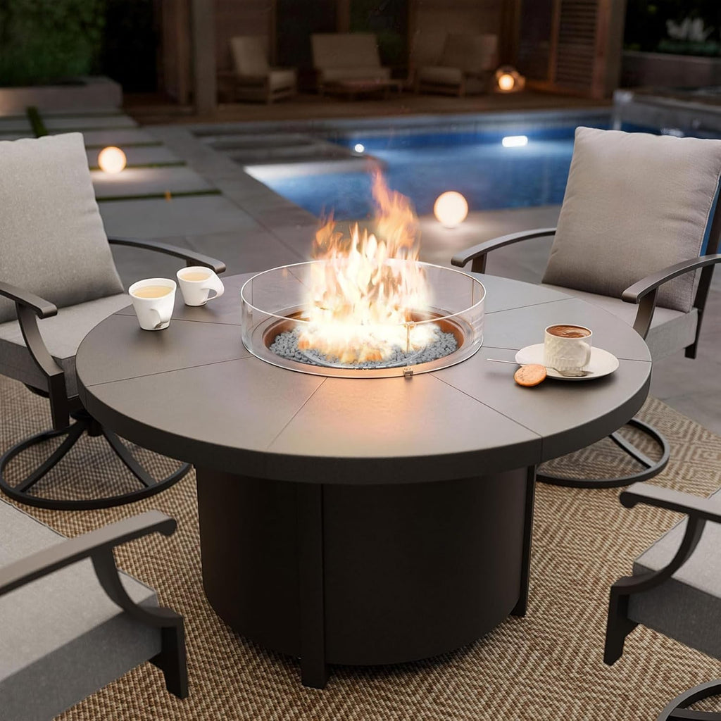 48" Round Propane Fire Pit,Steel Tabletop Fire Pit w Lava Rocks,55000 BTU Auto-Ignition CSA Certified Gas Fire Pits