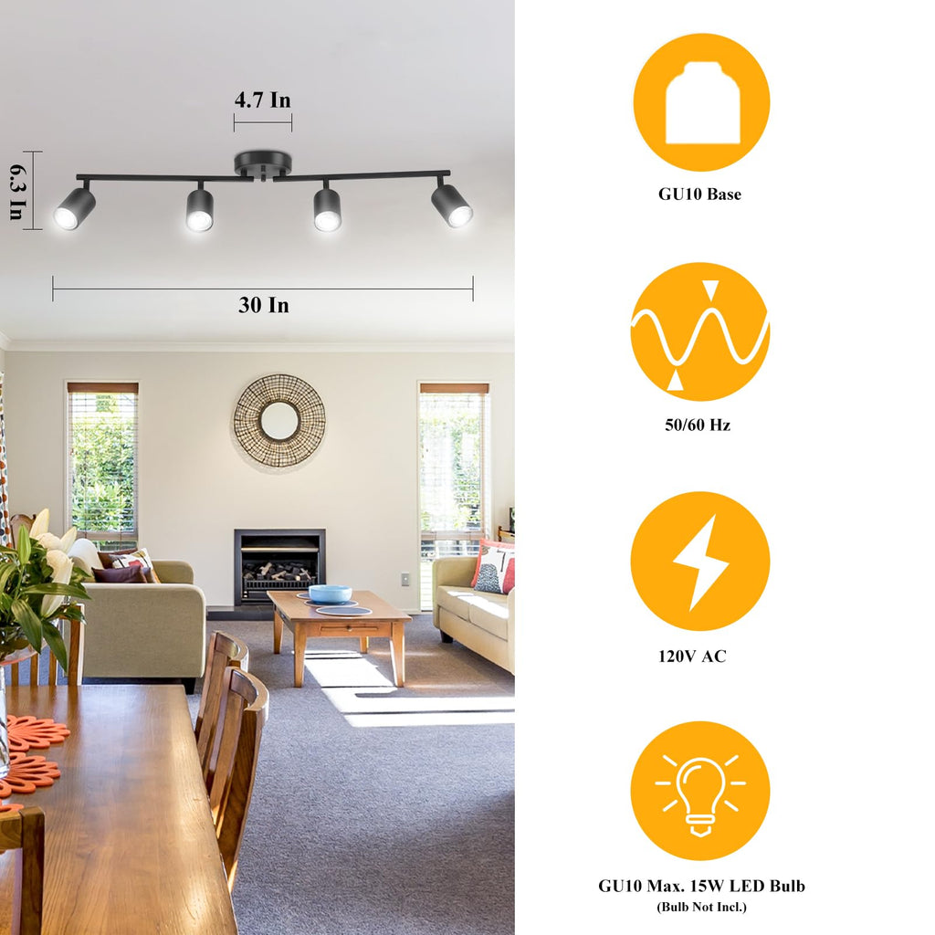 LED 4 Light Track Lighting Kit, Black 4 Way Ceiling Spot Lighting, Flexibly Rotatable Light Head, Bulb Not Included