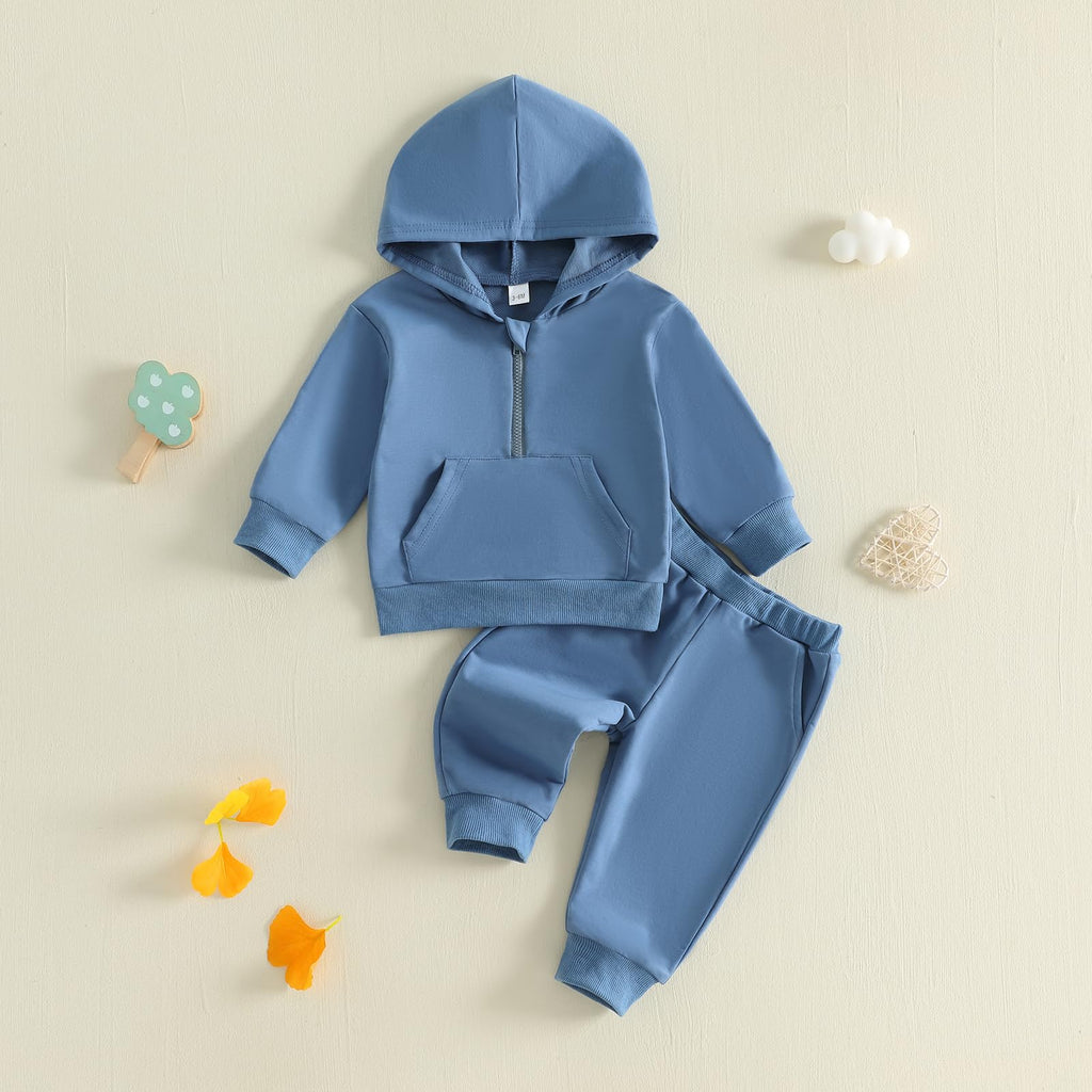 Toddler Baby Boy Clothes Zipper Hooded Sweatshirt Jogger Pants Set (Solid Blue, )