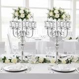 Silver Candelabra Centerpieces for Tables - 5 Arm Crystal Pendant Candle Holders, Elegant Metal Table Centerpieces