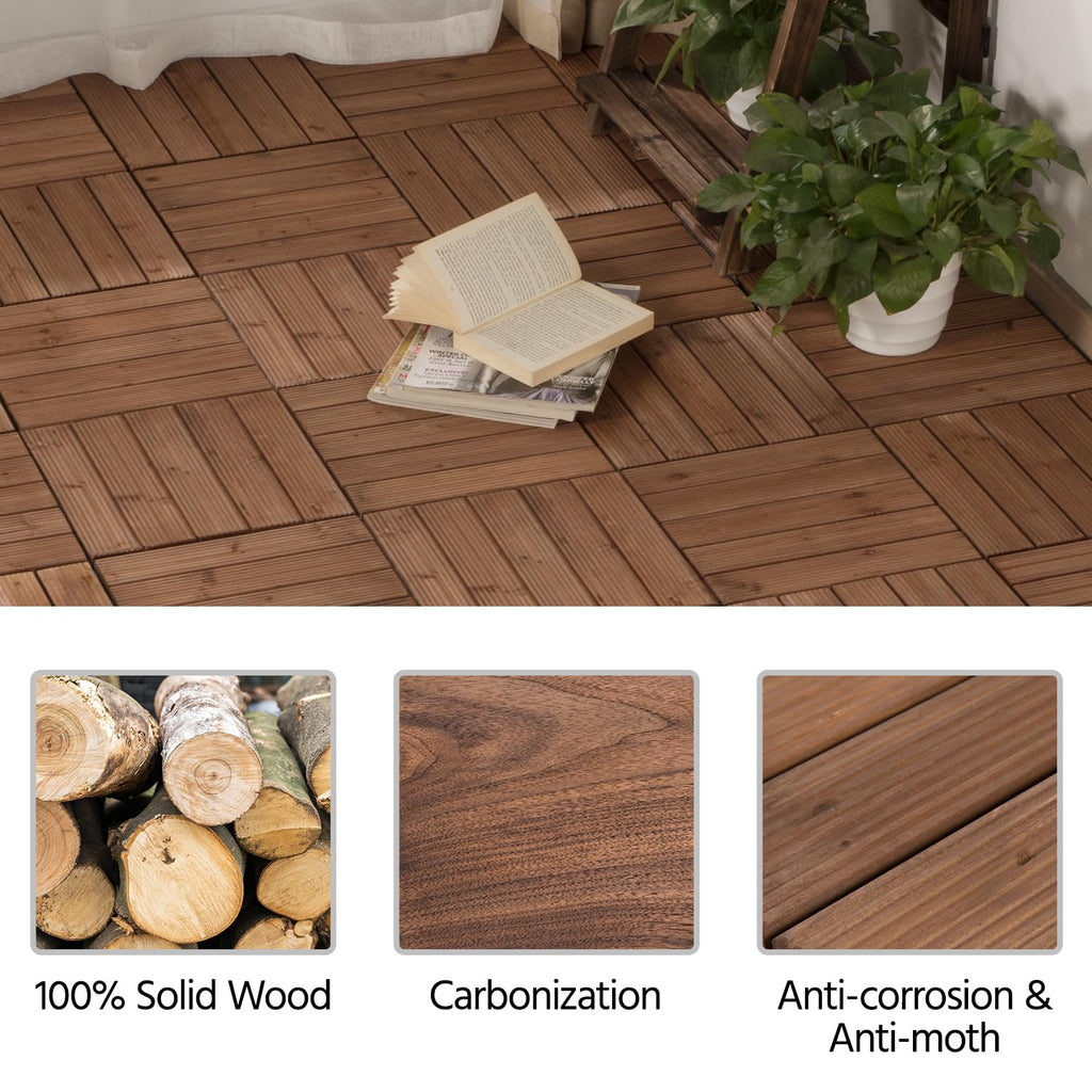 12 x 12'' Patio Deck Tiles Interlocking Wood Floor Tiles Indoor & Outdoor for Patio Garden Deck Poolside Pack of 11