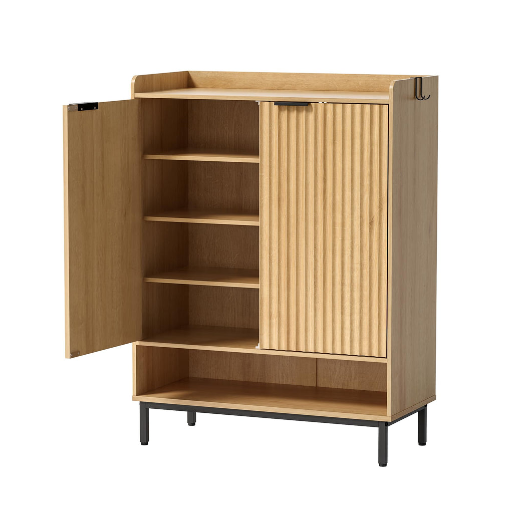 Fluted Shoe Cabinet with Doors, Large Wooden Shoe Storage Cabinet with Adjustable Shelves, Modern Tall Freestanding