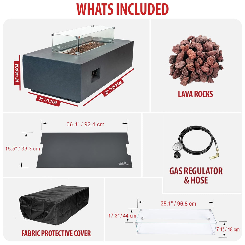 AMS 55" Rectangular Concrete Natural Gas Fire Pit Table (Wavy Dark Gray)