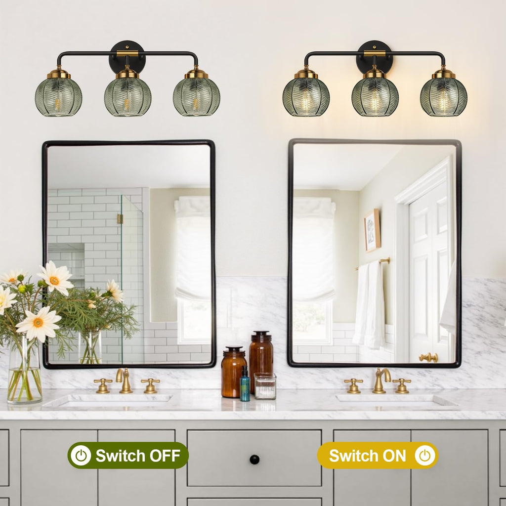 Bathroom Light Fixtures, 3-Light Green Vanity Lights with Unique Leaf Texture Glass Shade, Modern Matte Black and