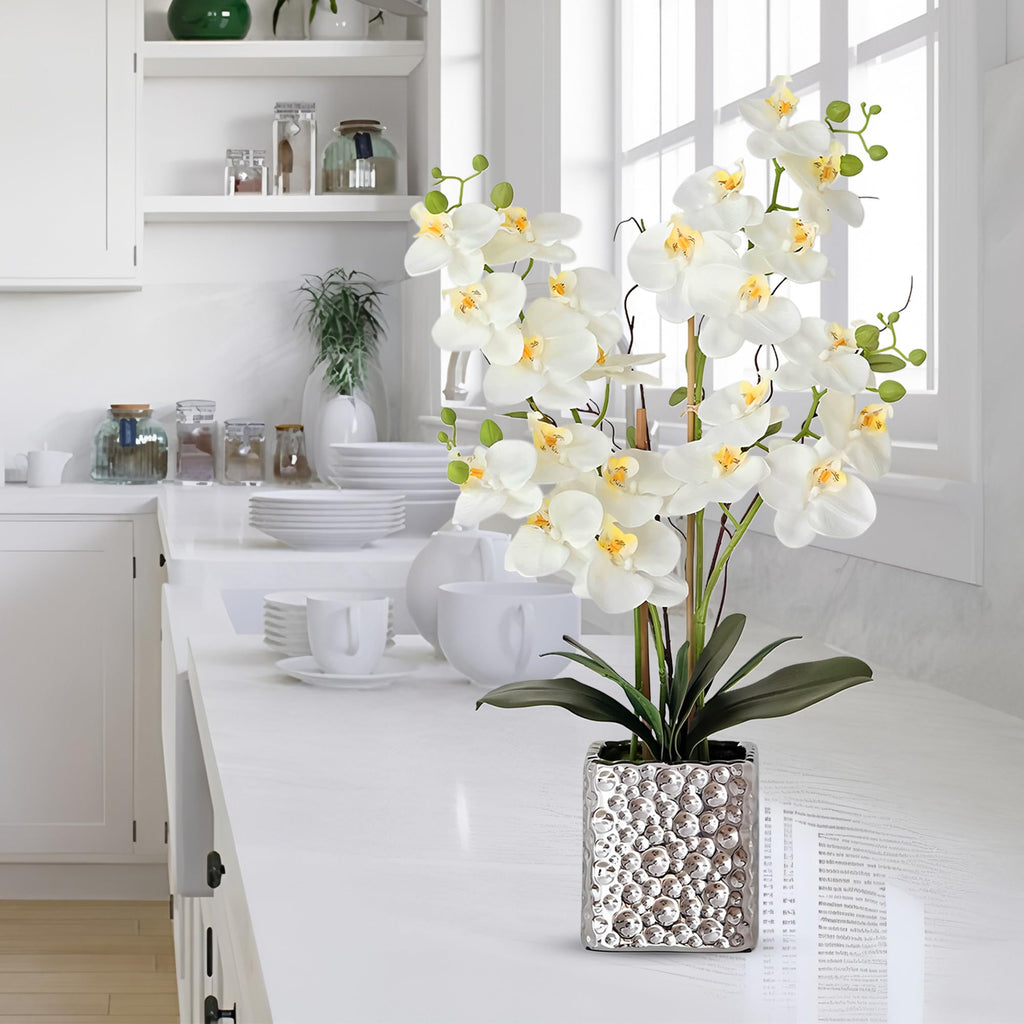 Orchid Artificial Flowers with Sliver Vase Large Silk Faux Phalaenopsis Flowers Table Floral Centerpieces Indoor