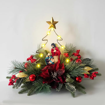 Nativity LED Christmas Tree Tabletop Centerpiece, Holy Family Christmas Decoration with Warm Lights, Red Poinsettia &