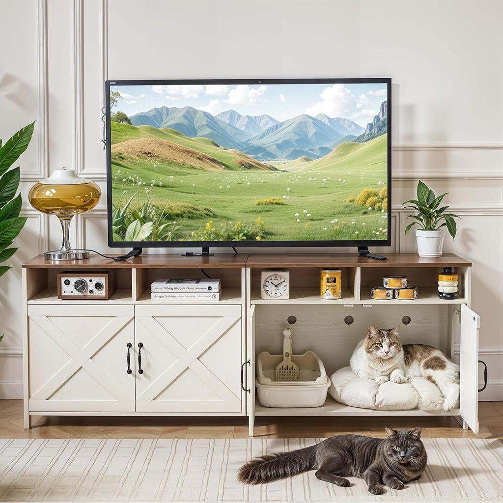 63" Double Cat Litter Box Enclosure for 2 Cats, Hidden Wooden Litter Box Furniture with Power Outlet