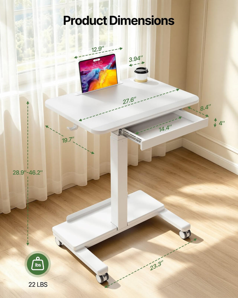 Mobile Standing Desk with Drawer, Height Adjustable Rolling Desk