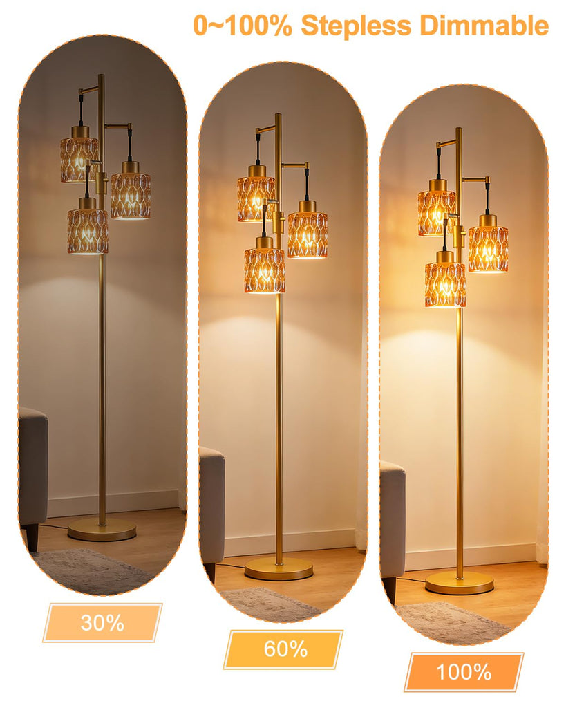 Glass Floor Lamp 3-Light Modern Gold Tall Lamp with Amber Cylinder Shade