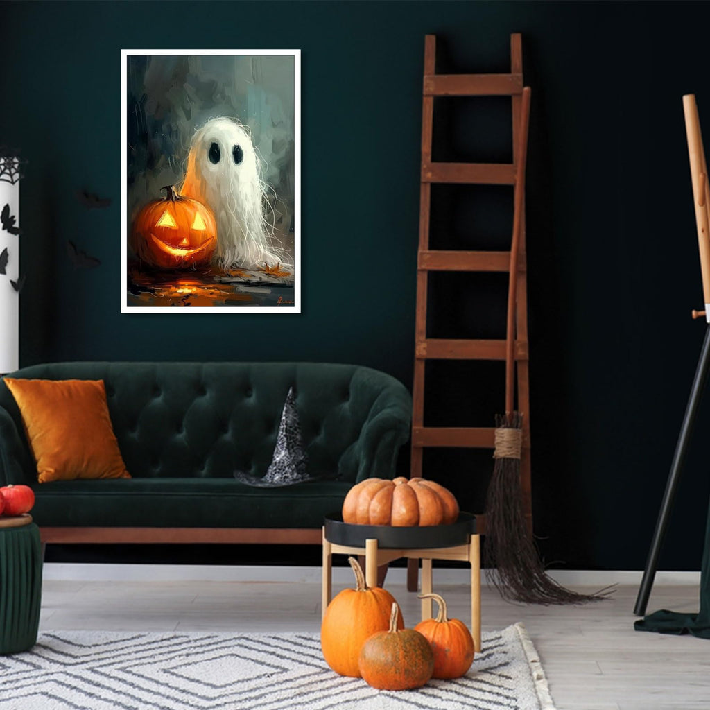 Retro Wild Spooky Ghost With Pumpkin Lantern Posters Cute Horror Scary Wall Art Eerie Forest Horror Ghost Plant