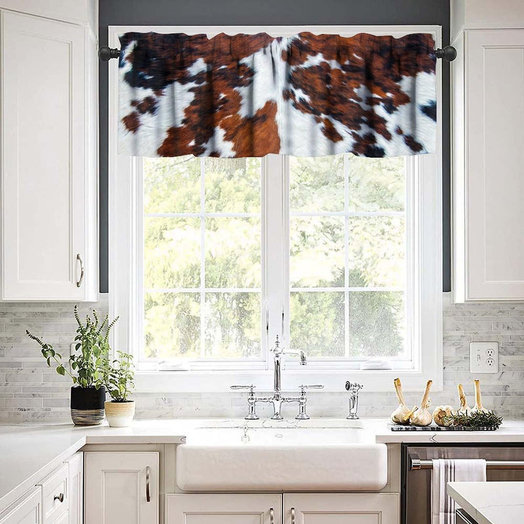 Farmhouse Cowhide Valance, Abstract Brown White Cow Fur Western Animal Skin Print Blackout Short Window Curtain
