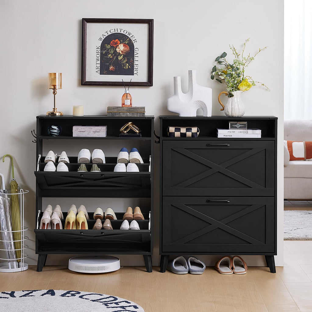 Narrow Shoe Cabinet with 2 Flip Drawers, Black