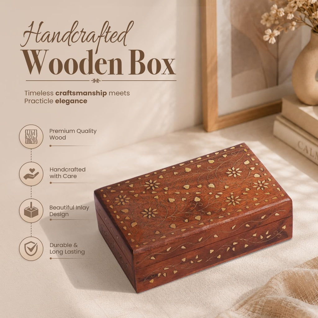 Hand Carved Wooden Decorative Jewelry Storage Box with Floral Carvings Design Brass Inlay Keepsake Travel Treasure