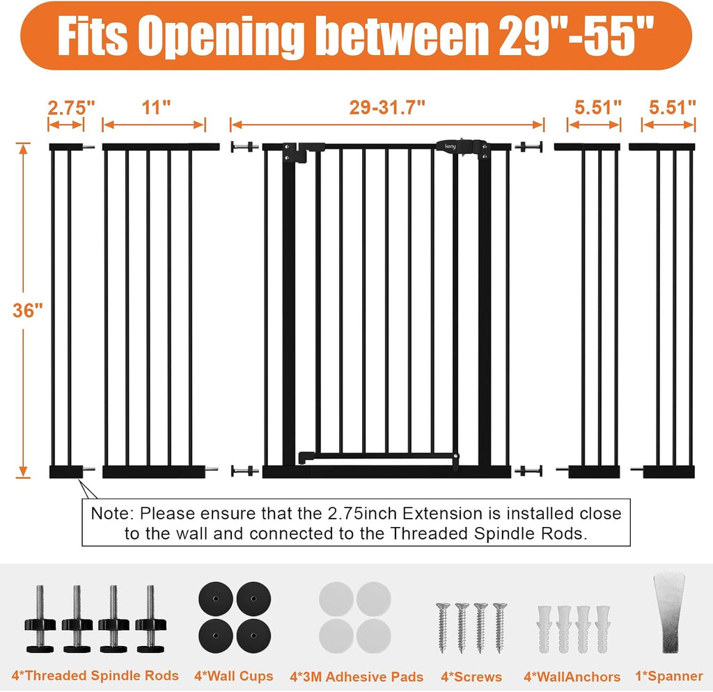 36" Extra Tall Baby Gate for Stairs, 29"-55" Wide Auto Close Dog Gate