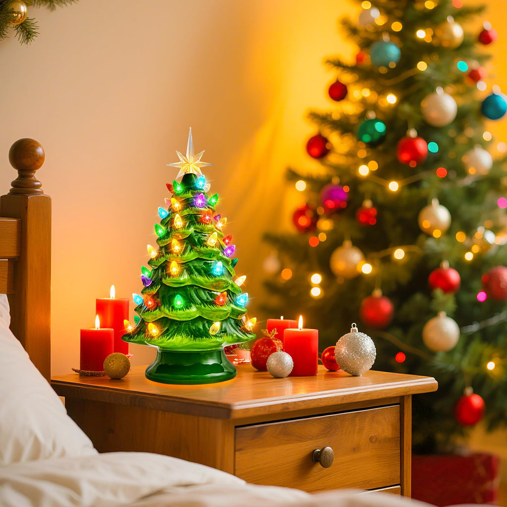 13 Inch Ceramic Christmas Tree, Tabletop Christmas Tree with Multicolored LED Lights, Battery Operated Vintage