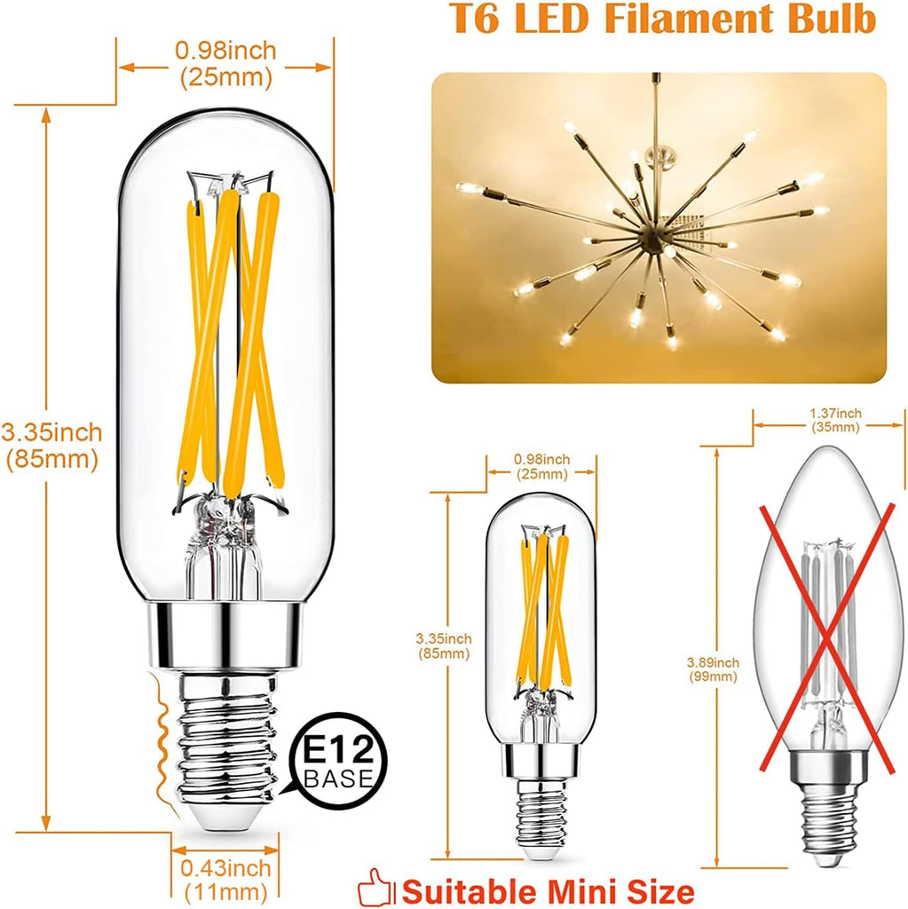 12 Pack E12 LED Edison Bulbs, 4W Dimmable T6, 2700K Warm White