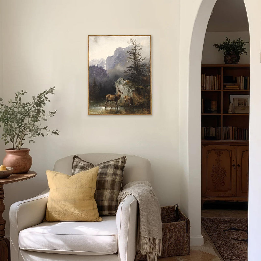 Framed Canvas Wall Art, Wildlife Mountain Deer Landscapes Painting
