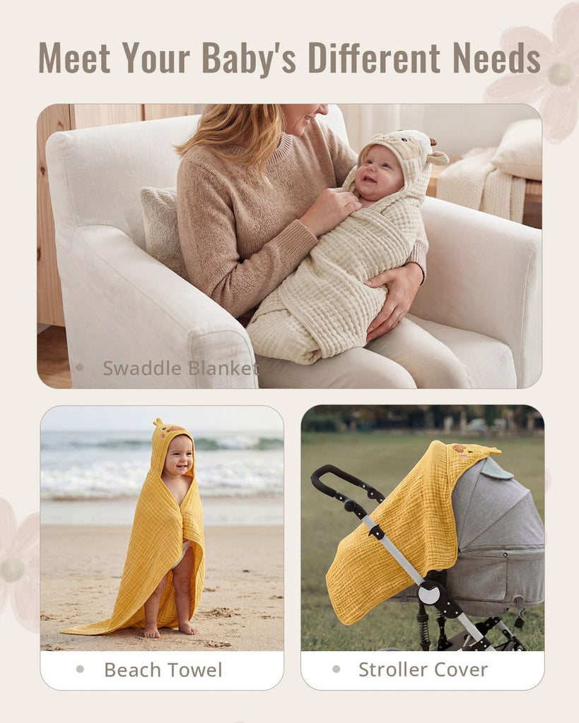 Muslin Baby Hooded Towel 2 Pack, Soft & Absorbent Bath Towel for Infant, Toddler, Unisex, Baby Gift, Newborn