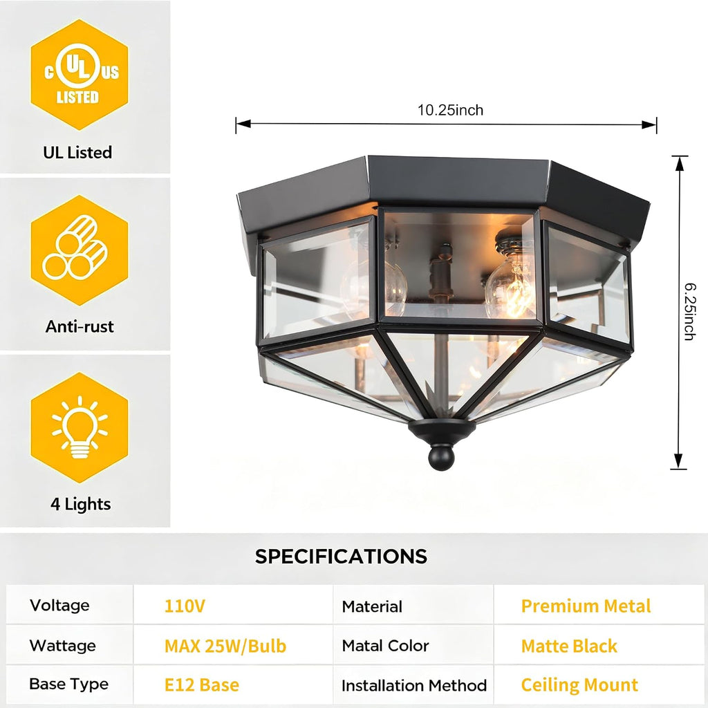 Flush Mount Outdoor Ceiling Light Fixture, 4 Light Exterior Porch Ceiling Lights with Clear Glass