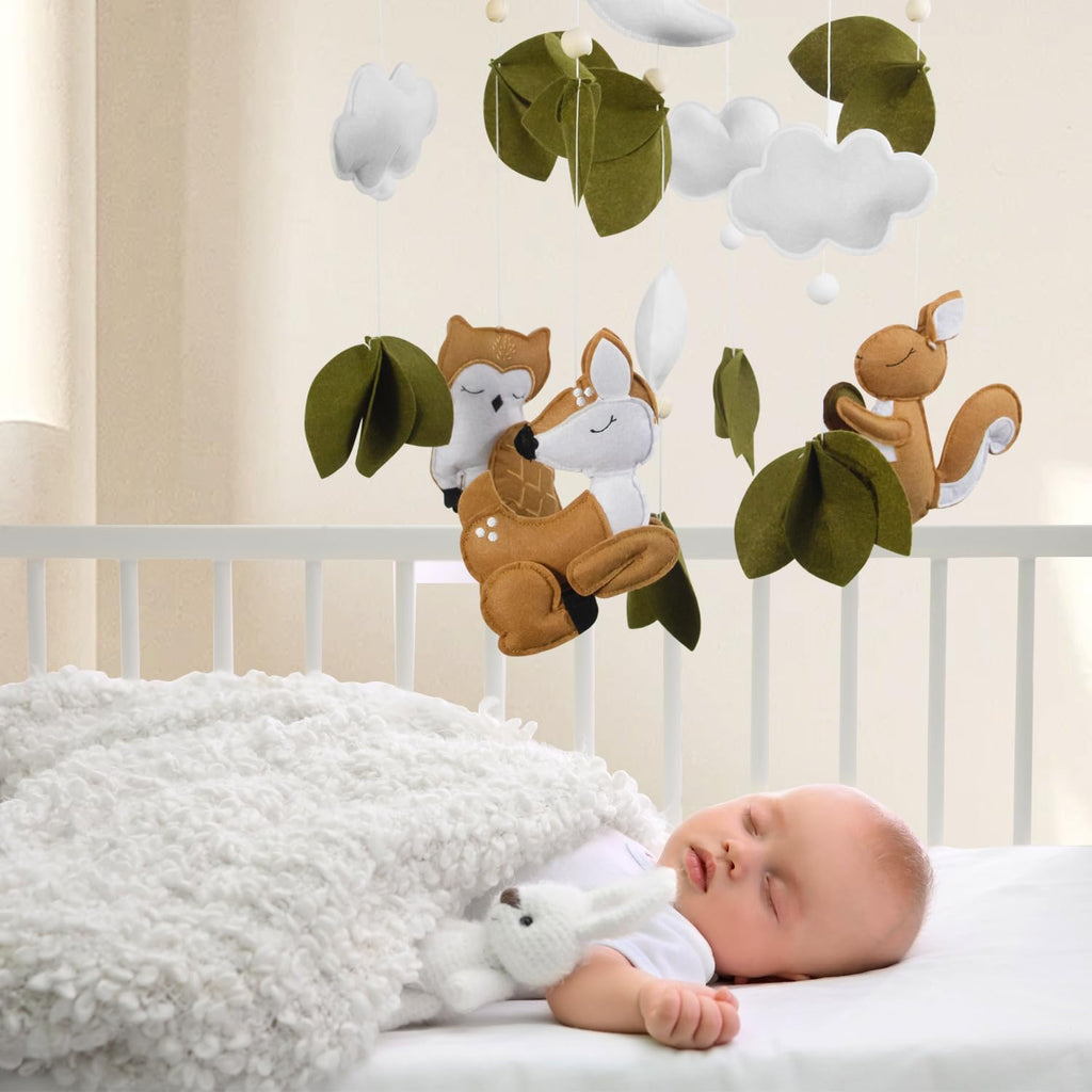 Woodland Animals Theme Bassinet Baby Nursery Mobiles with Modes Digital Music Box 3In1 Set-34 Inch Wooden Mobile Arm