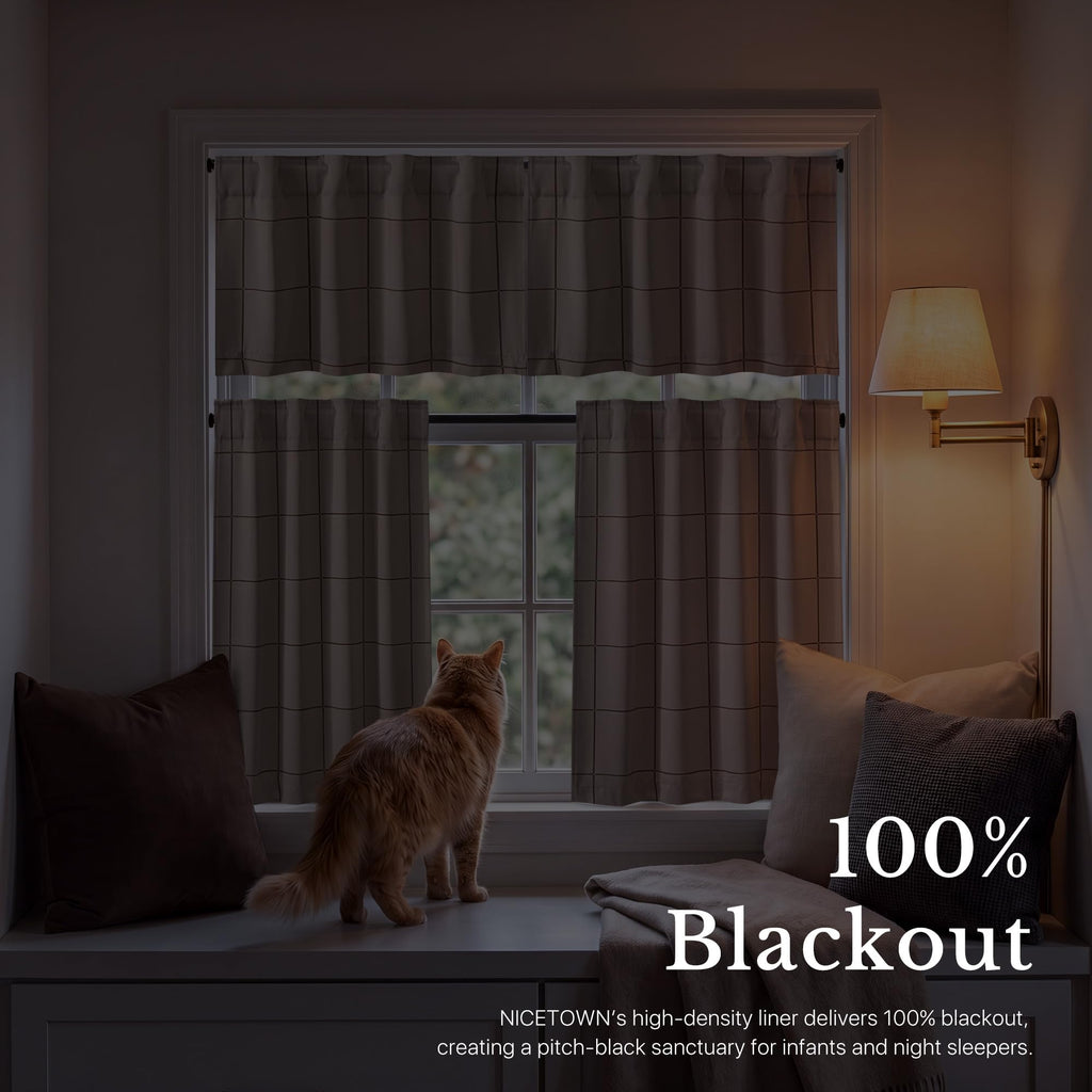100% Blackout Taupe Plaid Kitchen Curtains, W52xL24, 2 Panels