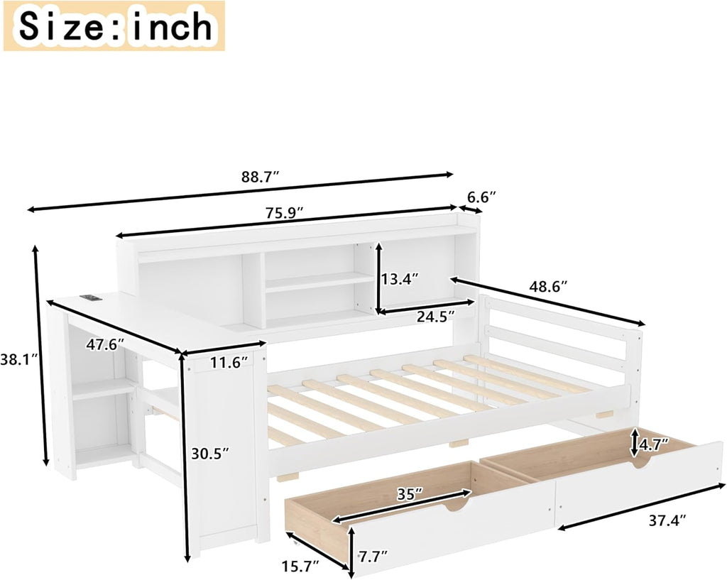 Twin Size Daybed with Desk, Corner Bed with Storage, White | Storage Shelves and Drawers, Charging Station & USB