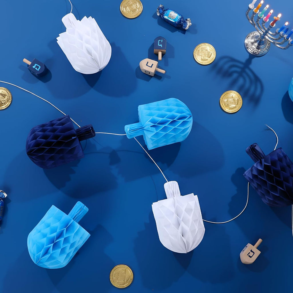 Hanukkah Decorations Garland 5.5'' Blue White Dreidels Honeycomb Ornaments Chanukah Hanging Decor for Hanukkah - Set of 12