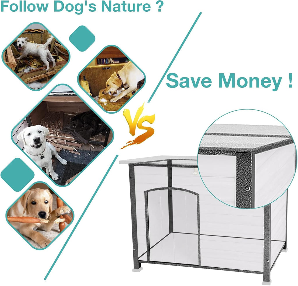 Indoor Outdoor Dog House, Anti-Chewing Iron Frame Dog Kennel, Wood Warm Pets Home, Weatherproof Outside Shelter