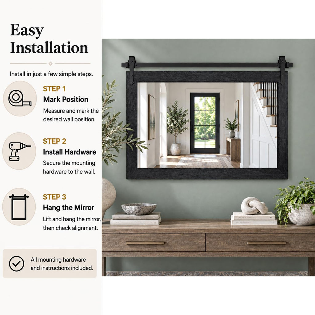 Farmhouse Mirror 42"x28" Black Rustic Mirror for Wall Vanity Mirrors Barn Door Style Decor Bathroom Living Room