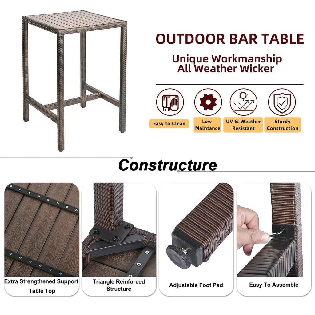 Outdoor Bar Table Patio Bar Height Bistro Table 39" Tall Outdoor High Top Square Pub Patio Table Wicker Rattan Metal