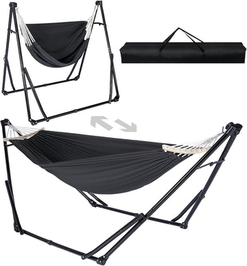 2-in-1 Hammock Chair with Stand, Portable Hammock, Black | Adjustable swing chair for teens with heavy-duty steel