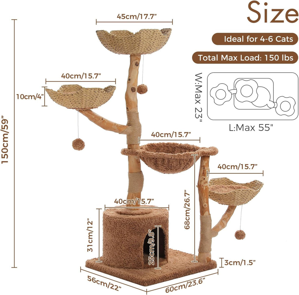 Modern Cat Tree with Real Wood&Wicker Basket for Large Cats Brown