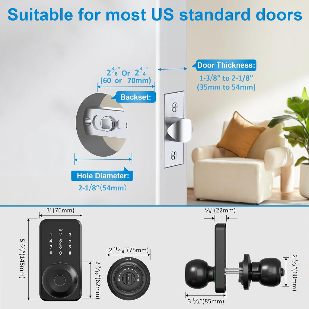 Smart Door Lock Knob Fingerprint Keypad Keyless Entry Lock for Front Door
