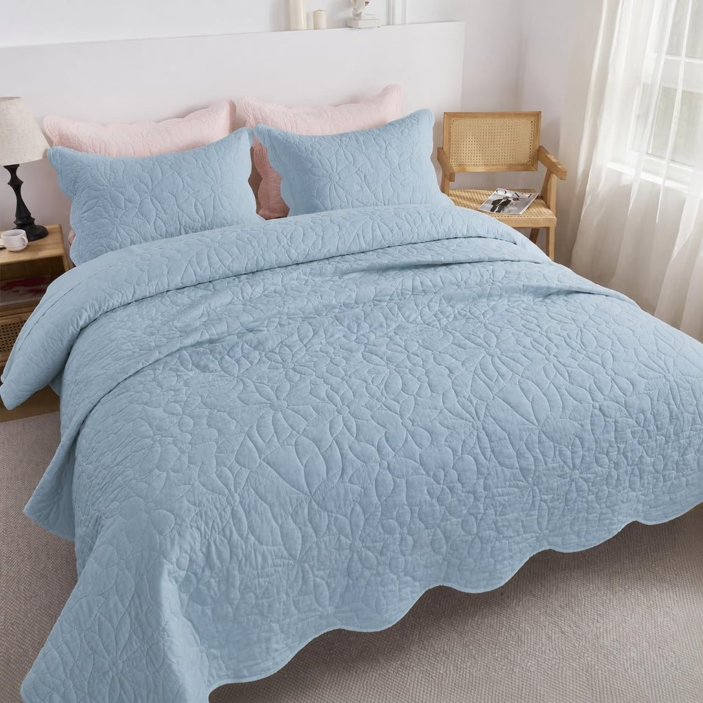 Cotton Floral Stitch Quilt Set Twin Blue Scallop Coverlet 2PC