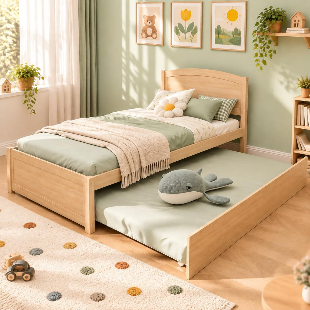 Twin Trundle Bed, Solid Wooden Pull Out Bed Frame, Extendable Day Bed with Headboard and Soild Wood Slats Support