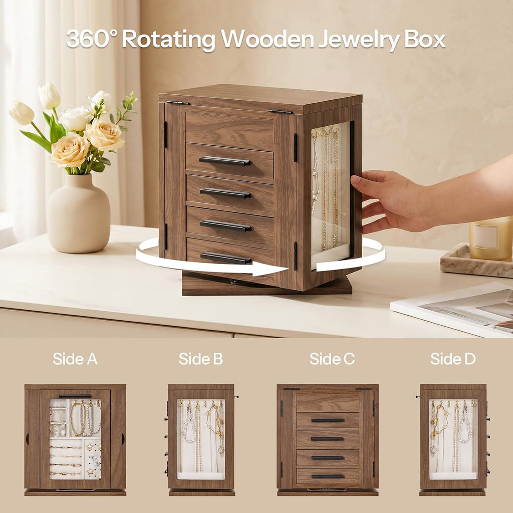 360° Rotating Jewelry Box with Mirror, Wooden Jewelry Organizer Box
