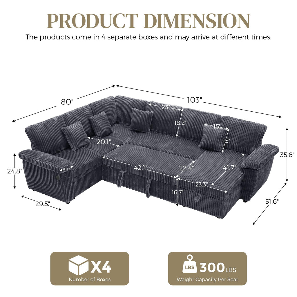 Sectional Sleeper Sofa, Fluffy Soft Corduroy Couch with Pull Out Bed and Storage Chaise, Modern Comfy U Shaped Couch