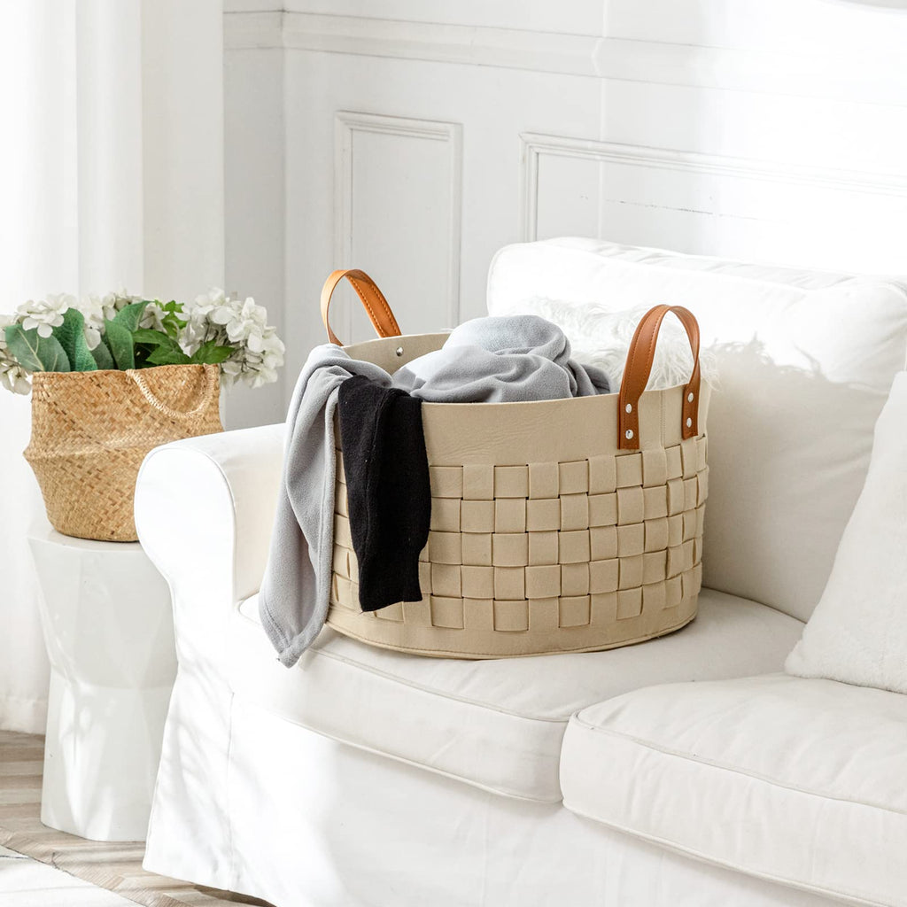 Blanket Basket, 20"x 20"x13" XXLarge Woven Felt Laundry Baskets with Handle Nursery Storage Living Room Round for