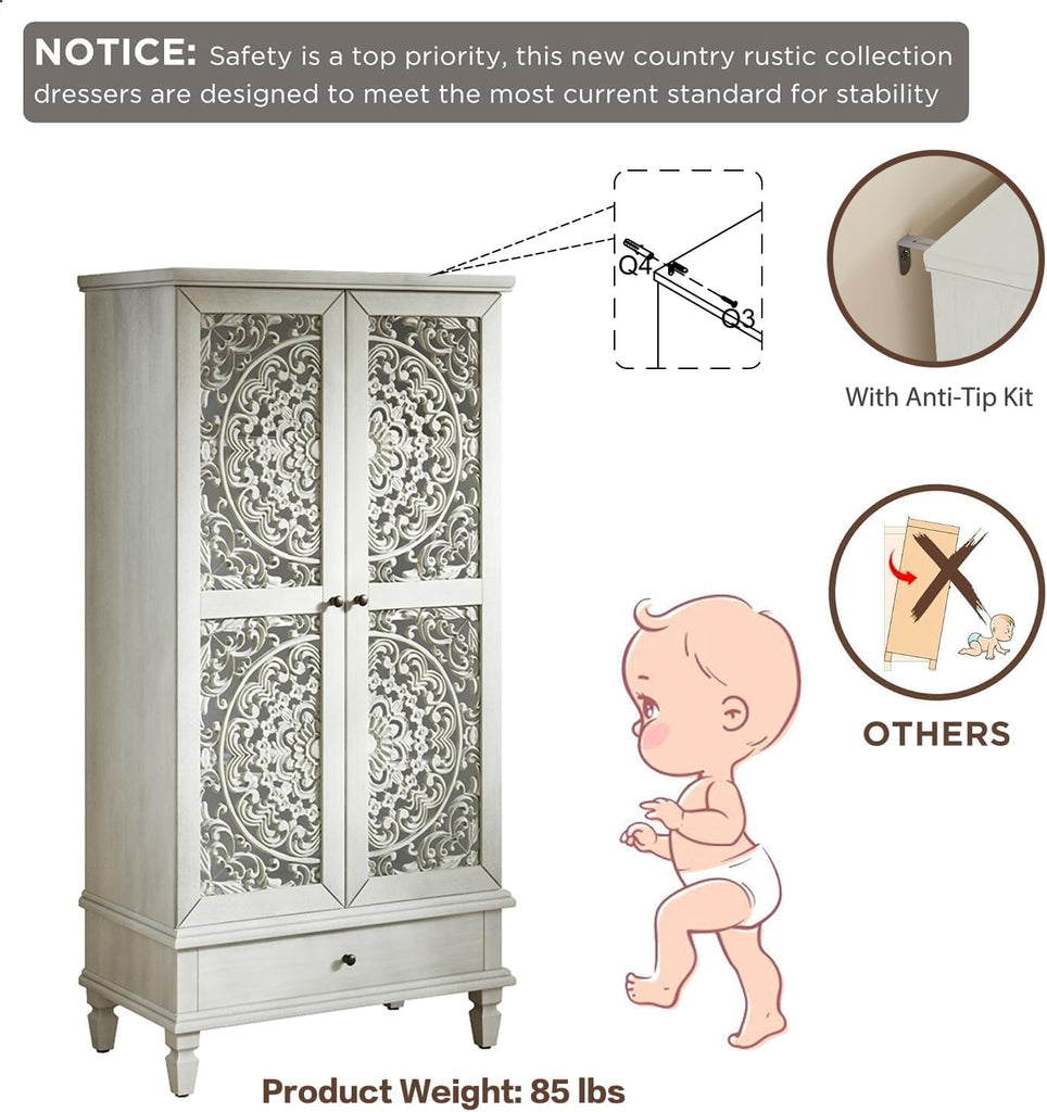 55'' Tall Storage Cabinet with Drawer, Decorative 2-Door Carved Wood Accent Cabinet with Solid Wood Legs