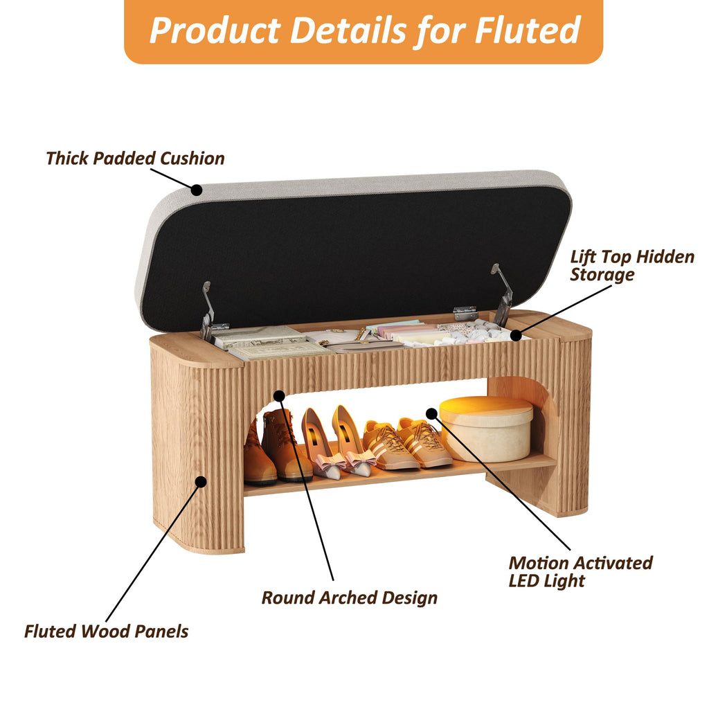 40.2" Fluted Storage Bench with Built-in LED Light, Flip-Top Shoe Bench with Cushioned Seat and Open Storage