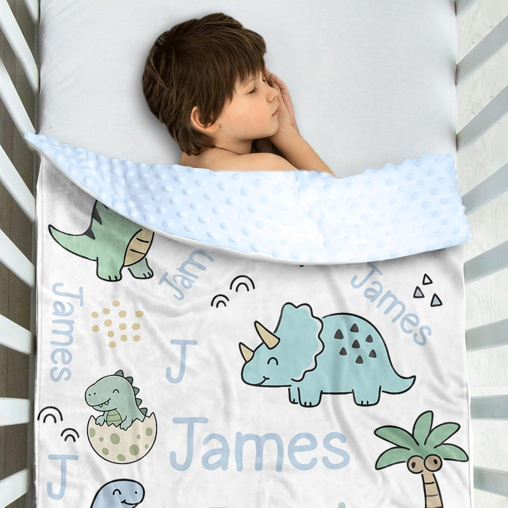 Blanket for Boys, Custom Name Minky Dot Blanket for Newborn Infant Toddler, Soft Fleece Nursery Blanket with Dinosaur
