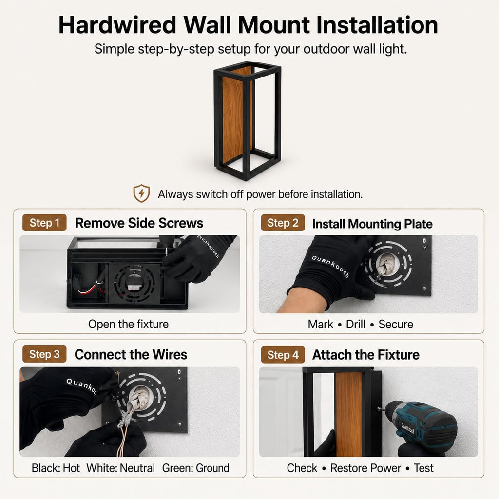 Dusk to Dawn Outdoor Wall Light, Wood Grain Black Frame, IP54